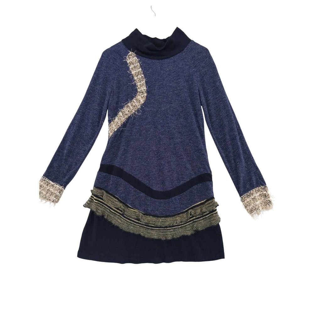 Sacred Threads Knit Dress Womens Large‎ Blue Mixed Media Ruffle Boho Mock Neck